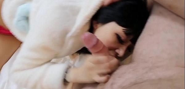  Cute Japanese star Miyabi gives blowjob to lucky white friend at home